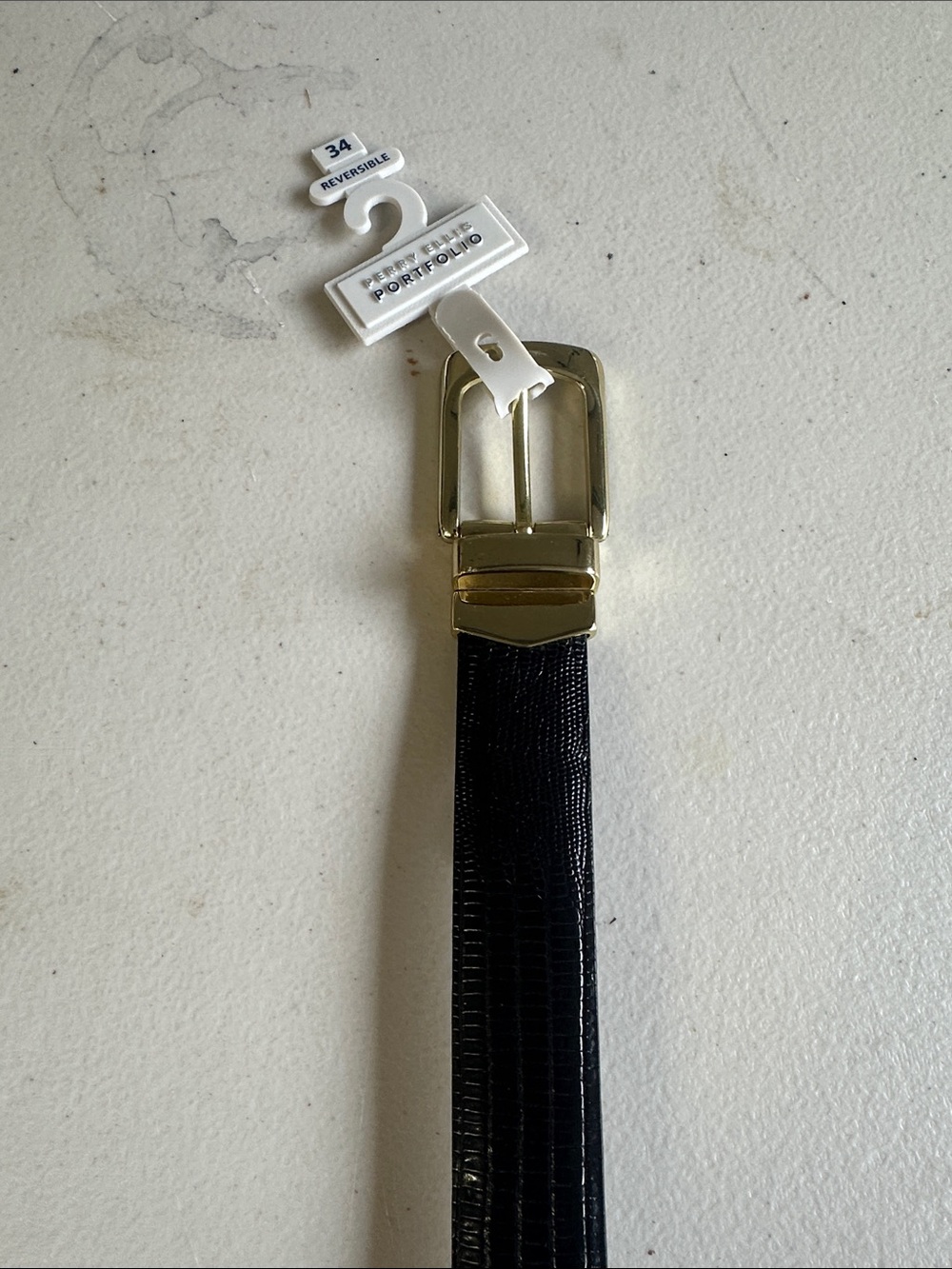 Perry Ellis Black Leather Belt with Gold Buckle